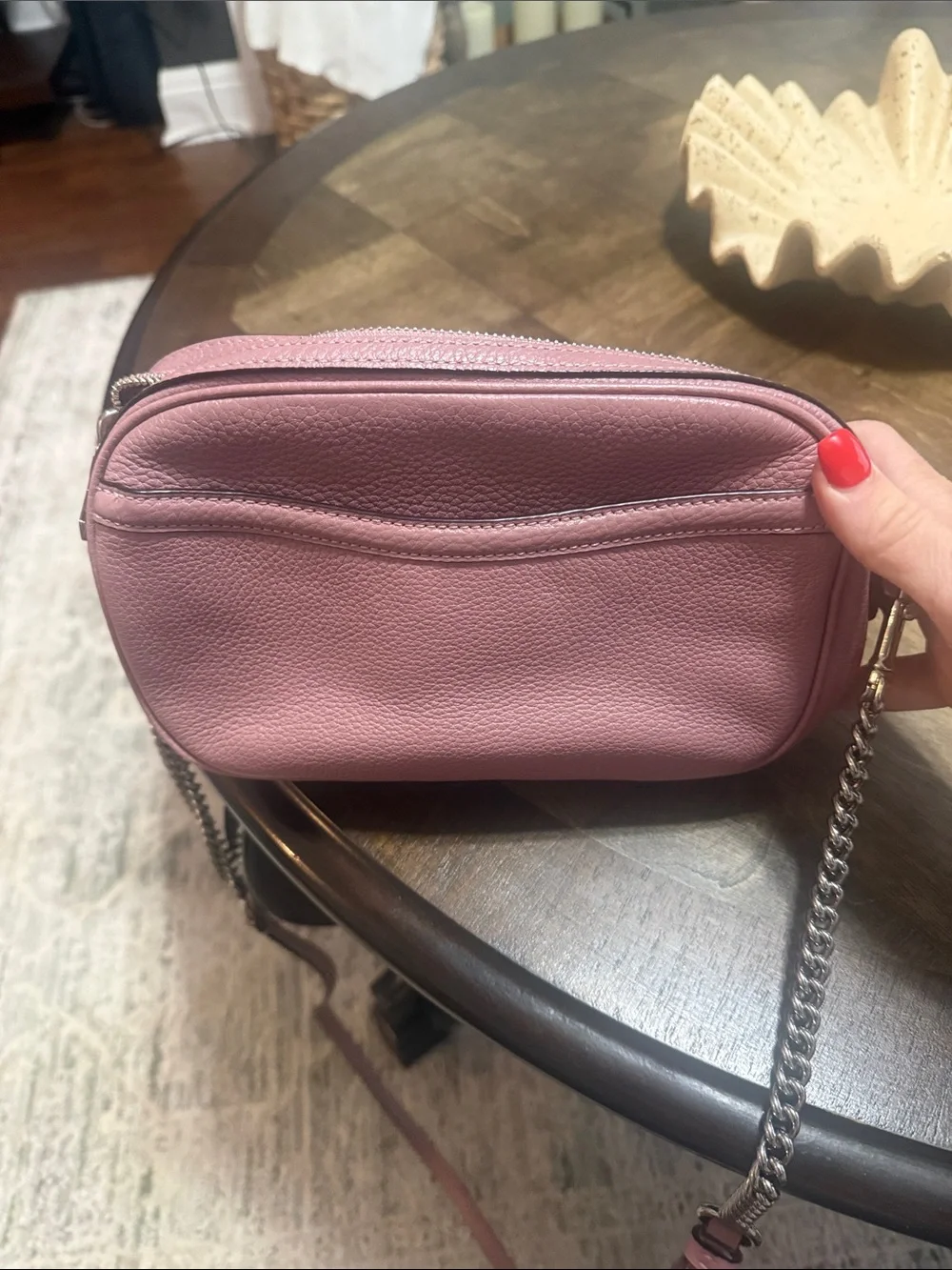 Coach Pink Pebbled Leather Crossbody Camera Bag with Chain Strap